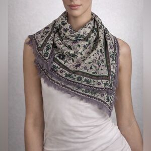 Worthington Vintage Floral Wool Square Scarf Purple Green Fringe Made in Japan